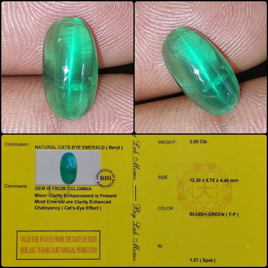 Natural Zamrud Colombia Cats Eye Emerald Minor Bluish Green Langka