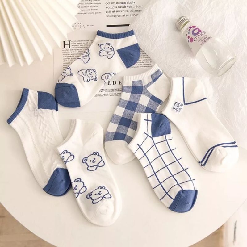 Kaos Kaki Wanita Pria Pendek Kaos Kaki Beruang Unisex Semata Mata Kaki Ankle Motif Bear Kotak-Kotak 