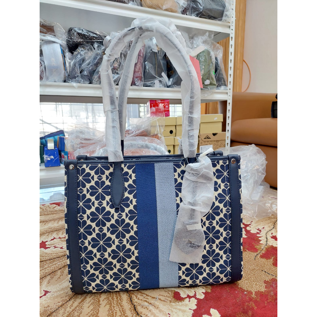 Tas Wanita Kate Spade KS New York Flower Jacquard Stripe Market Blue Multi Medium Tote Bag Original