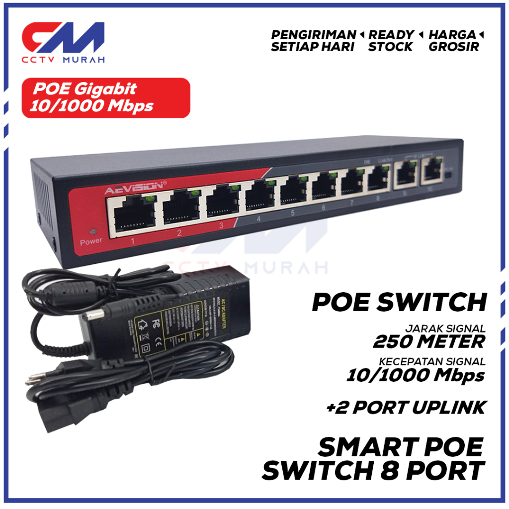 POE Switch  HUB Aevision POE 8+2 PORT || POE SWITCH 8 PORT II Full Speed , Adaptor Eksternal Garansi
