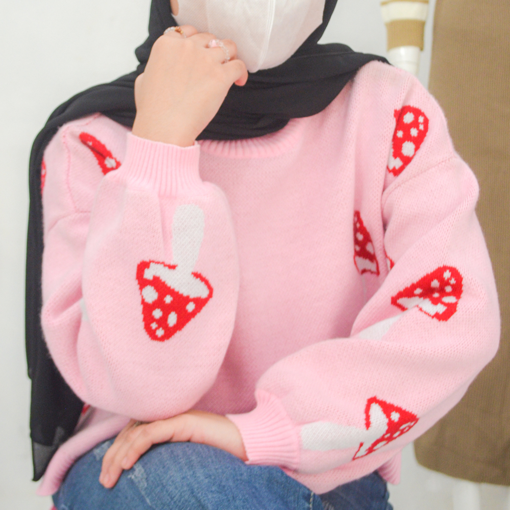 Sweater Crop Wanita Rajut Motif Jamur/Sweater rajut premium/sweater rajut stripe/sweater premium/swe
