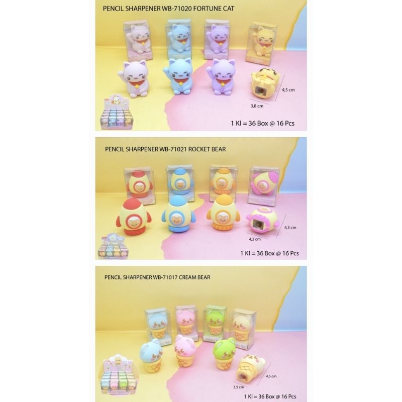 

Pencil Sharpener Serutan Rautan pensil Unik bentuk Kucing Hoki roket Ice cream bear