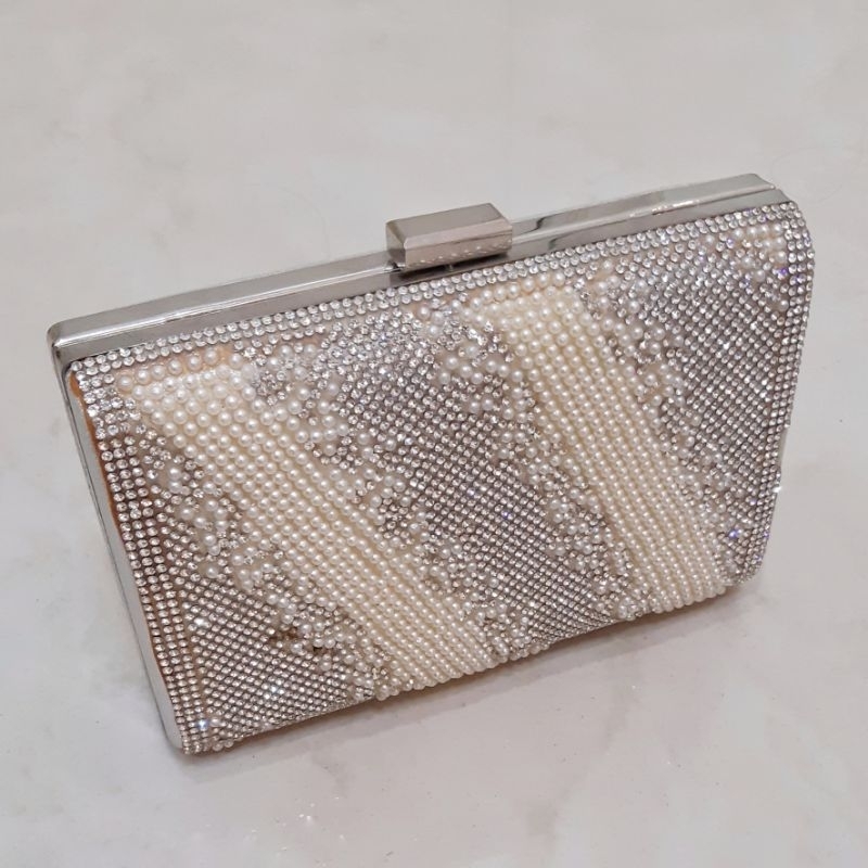 TAS PESTA WANITA KOTAK KRISTAL MUTIARA MEWAH