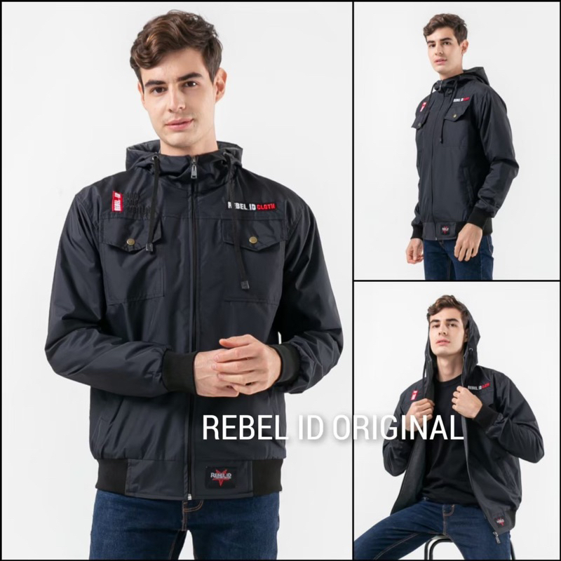 Rebel Id Black Jaket Semi Parka Parasut Taslan