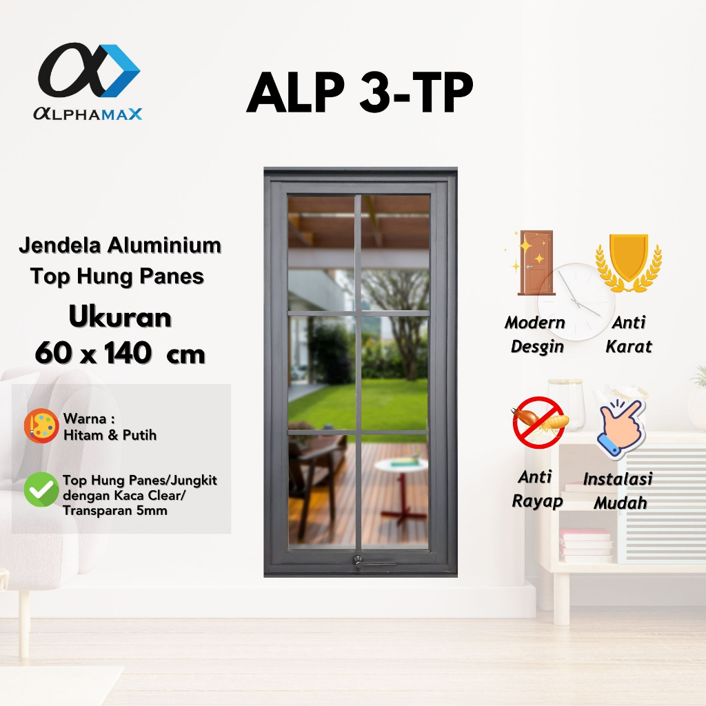Jendela Aluminium Jendela Rumah Jendela Kamar Jendela Ruang Tamu  Top Hung Panes ALPHAMAX ALP 3-TP 6
