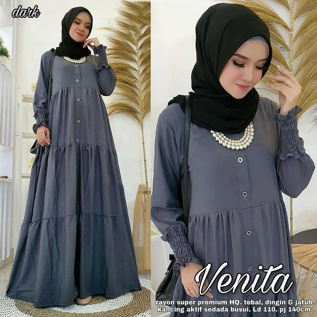 Gamis Wanita Terbaru Venita Dress Bahan Kain Rayon Dress Rayon Polos Jumbo Lengan Panjang Gamis Casu