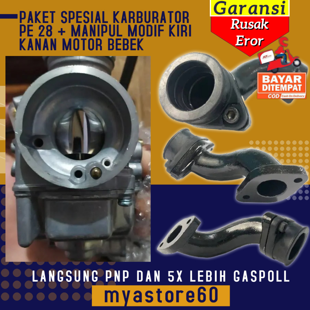 PAKET GRATISAN KARBU PE 28 + MANIPUL MANIPOL INTEK SEMUA MOTOR BEBEK Karburator PE28 Sambungan Gtx J
