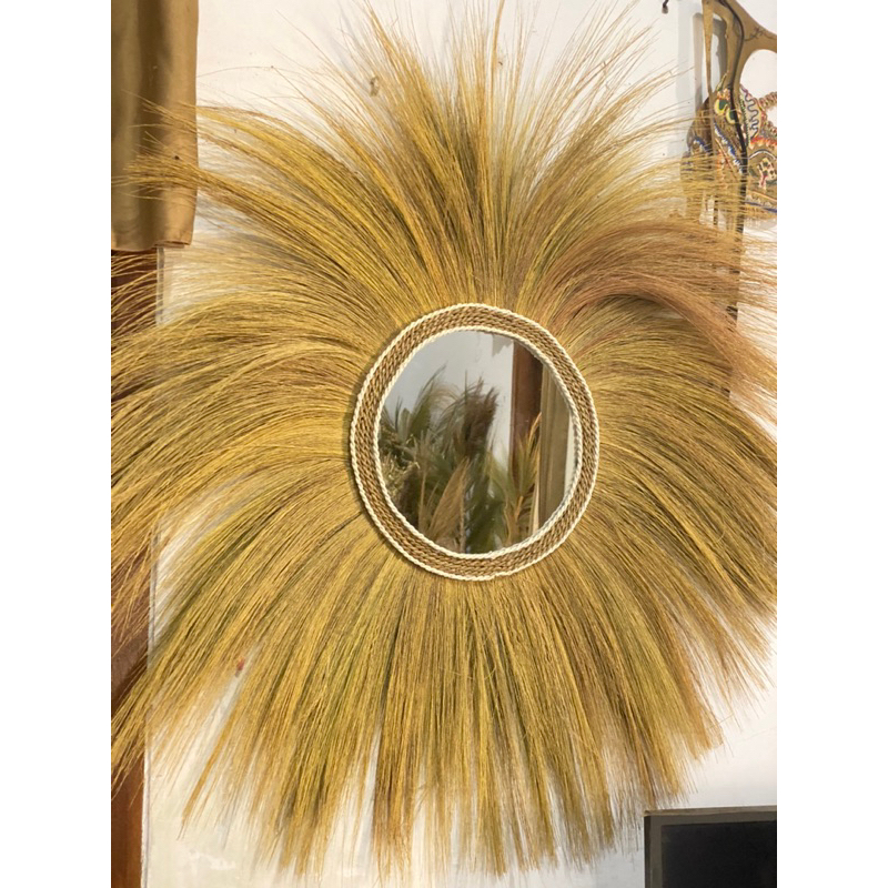 Wall Decor Rayung Bulat dengan Cermin Home Decor Cermin