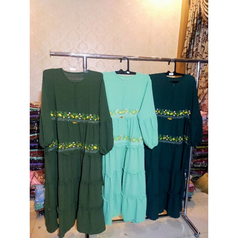 Gamis maksi dress bahan Crinkle airflow bordir premium/dress terbaru 038