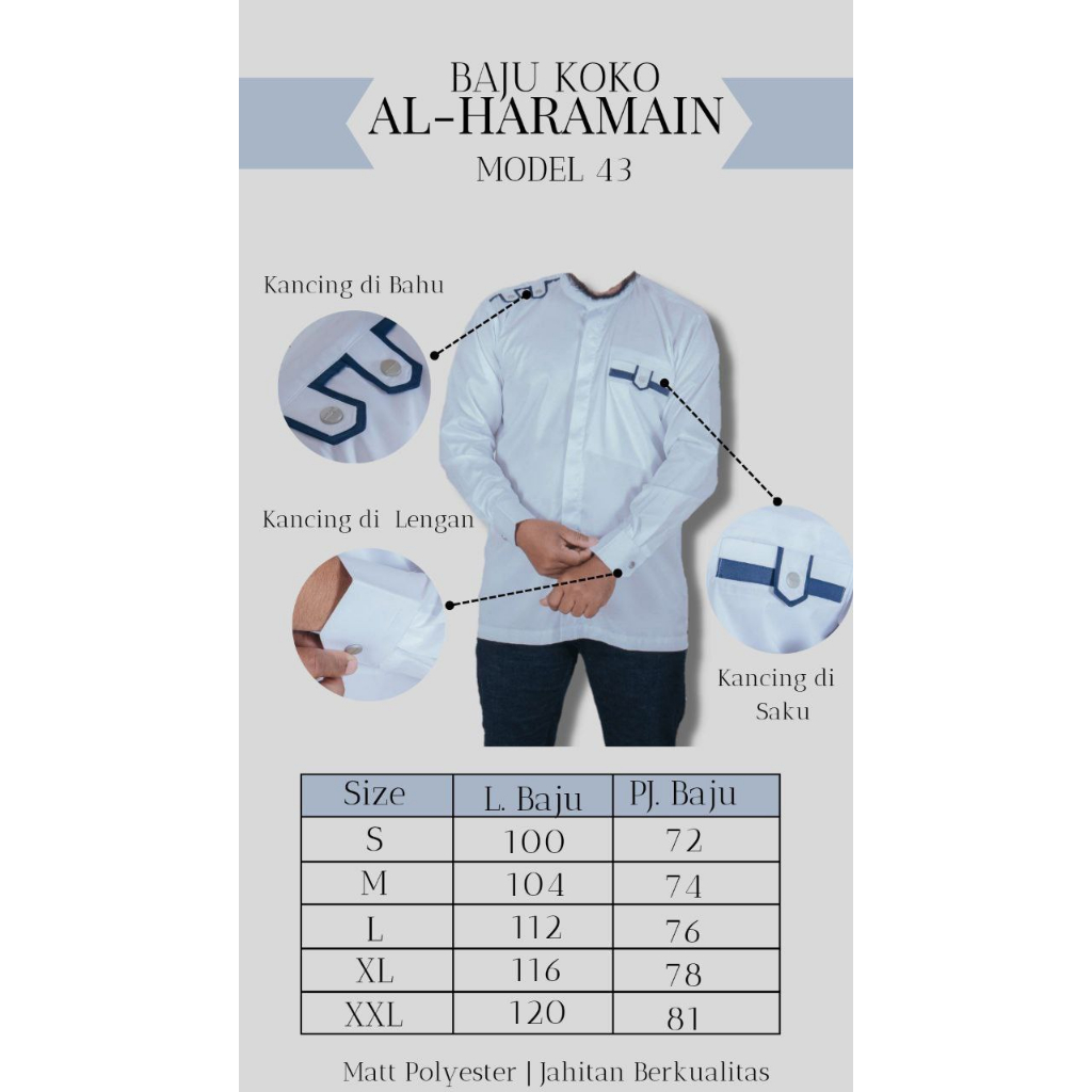 baju koko kemeja al haromain polyster original lengan manset