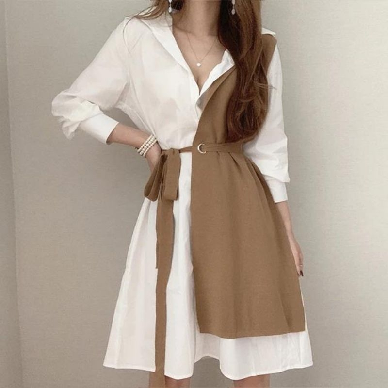 54500 Fashion mini dres dress lengan panjang dua warna tali pinggang cantik murah simpel elegan mewa