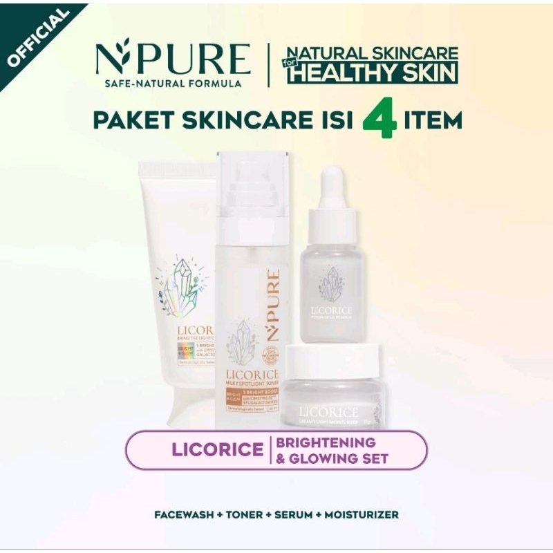 NPURE Paket Licorice Brightening And Glowing 4 PCS , Cleanser | Toner | Serum | Moisturizer