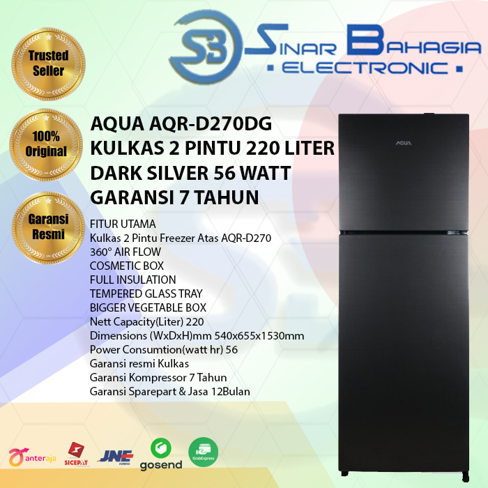 AQUA AQR-D270DG KULKAS 2 PINTU 220 LITER DARK SILVER 56 WATT GARANSI 7 TAHUN (NEW) (KHUSUS BANDUNG)