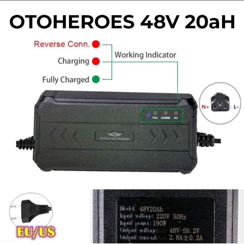 Charger sepeda listrik 48V 20AH baterai sepeda listrik.