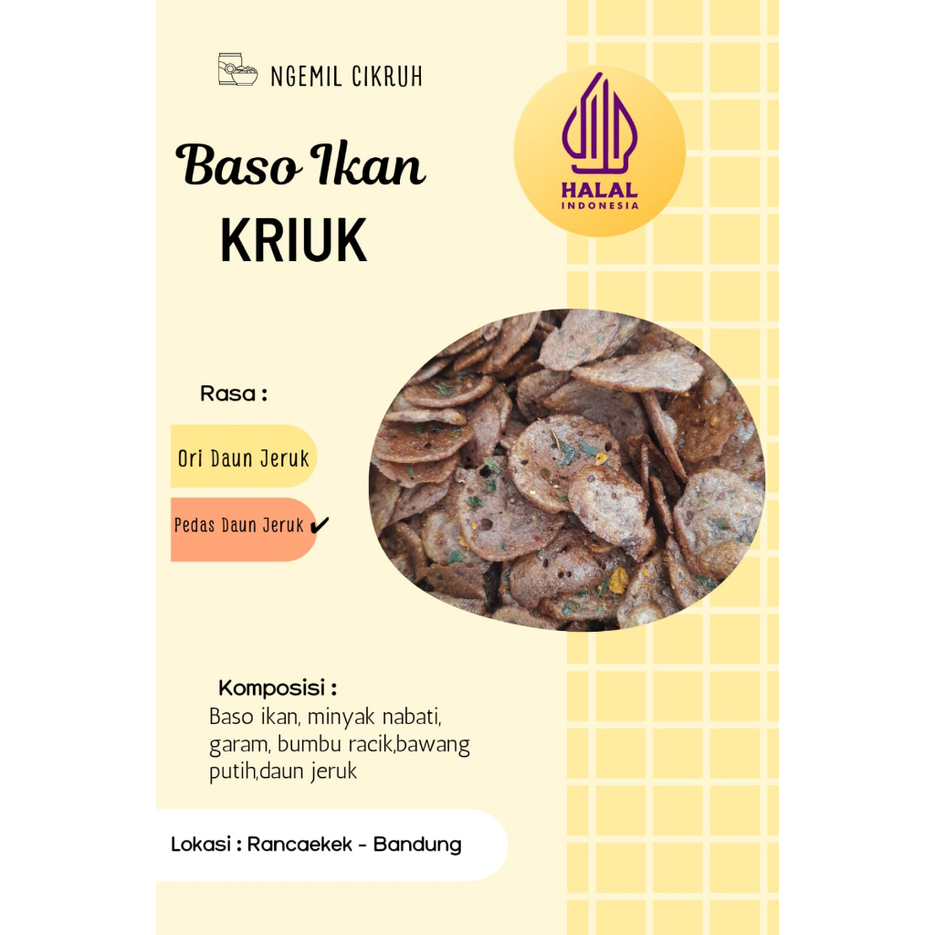 

Keripik Baso Ikan Cikruh Bumbu Pedas Daun Jeruk 250gram