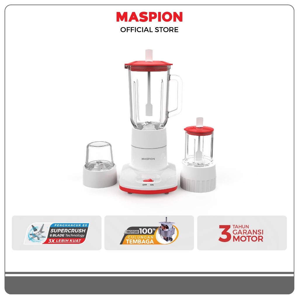 Maspion MT-1213 Blender Kaca 1 Liter Putih, 200W, 2 Kecepatan + Pulse