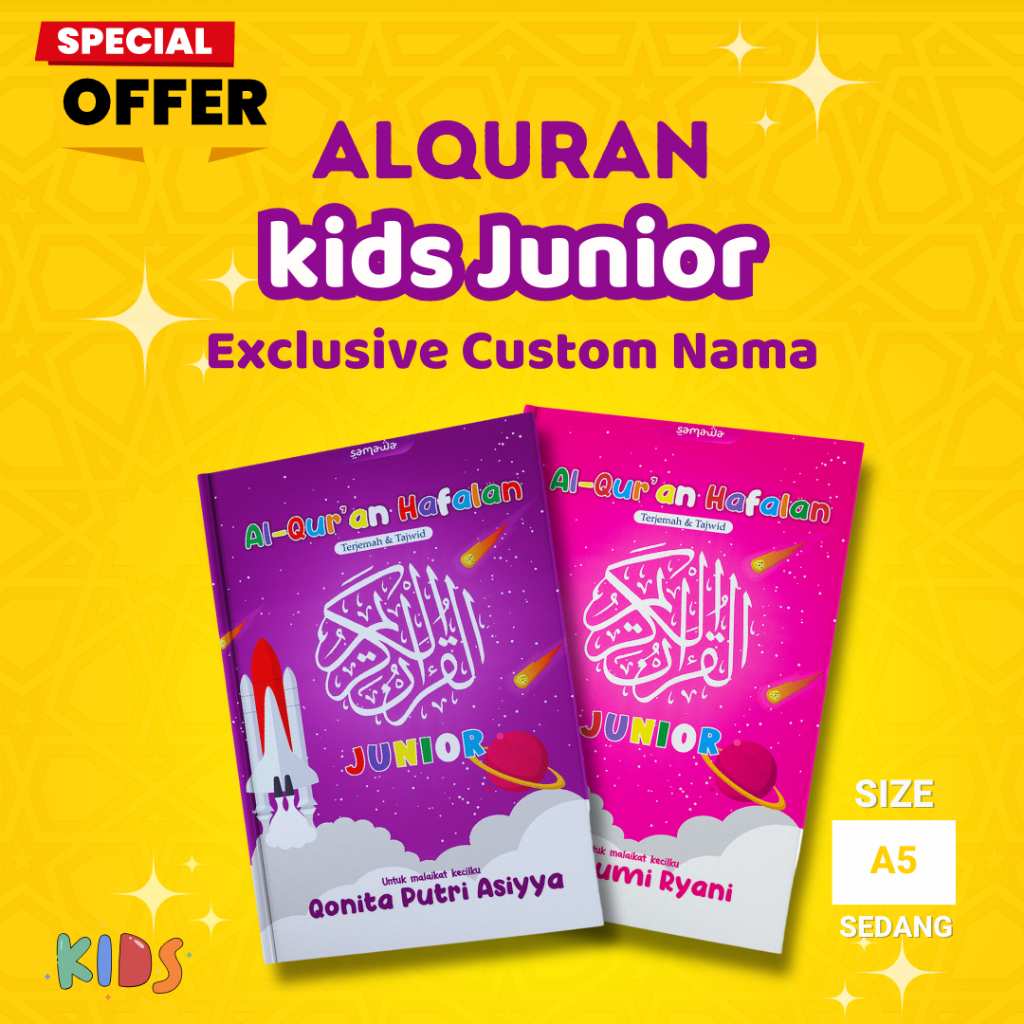 Al Quran Custom Nama Kids Junior By Nadira Bisa Tulis Nama Sibuah Hati di Cover Ukuran A5 Fitur Lengkap Untuk Pemula Hafalan Tajwid Berwarna Latin Indonesia dan Lainnya