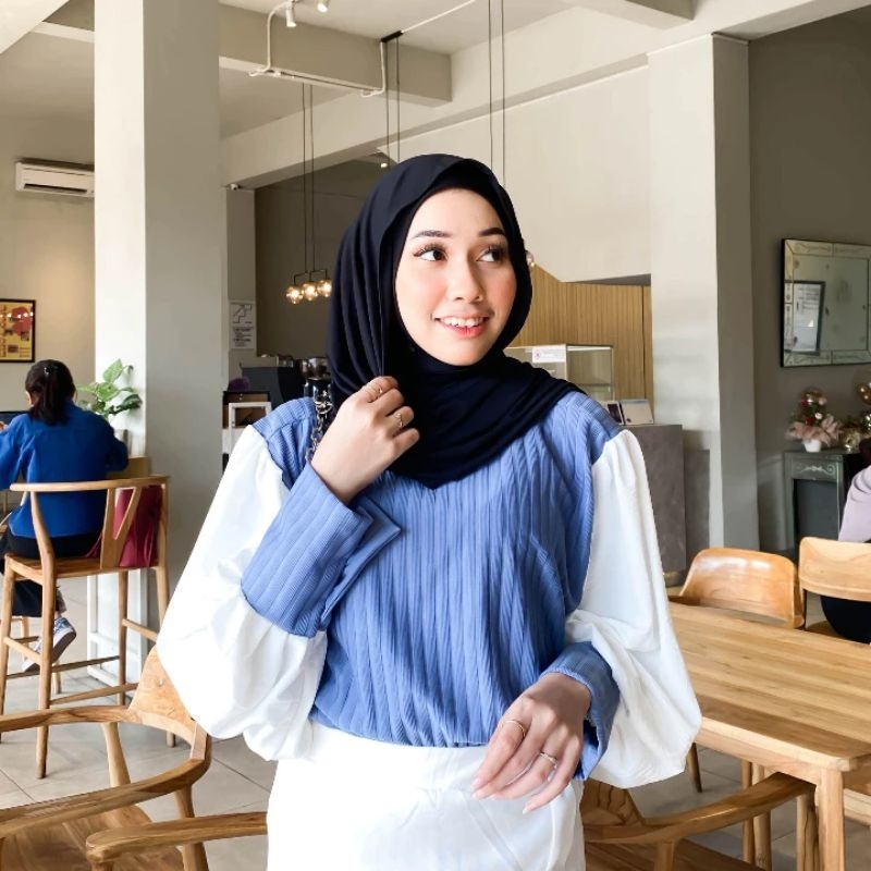 Kode A | Alana Blouse /Atasan knit kombinasi Crinkle/ Blouse Korea style /Atasan Wanita Knit