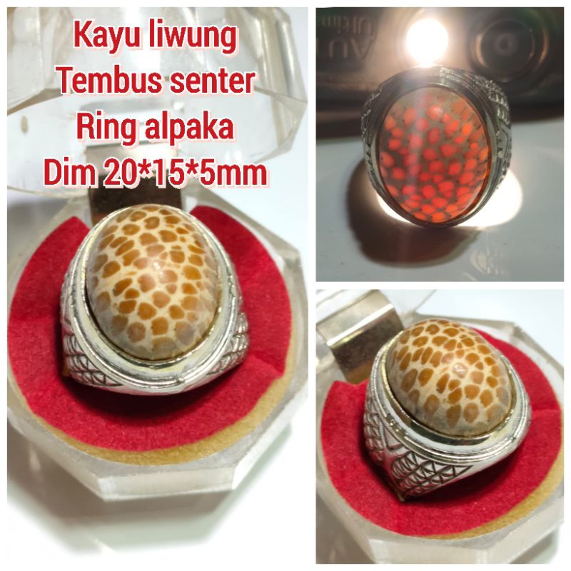 CINCIN BATU KAYU LIWUNG KUNING PUTIH TEMBUS SENTER RING ALPAKA
