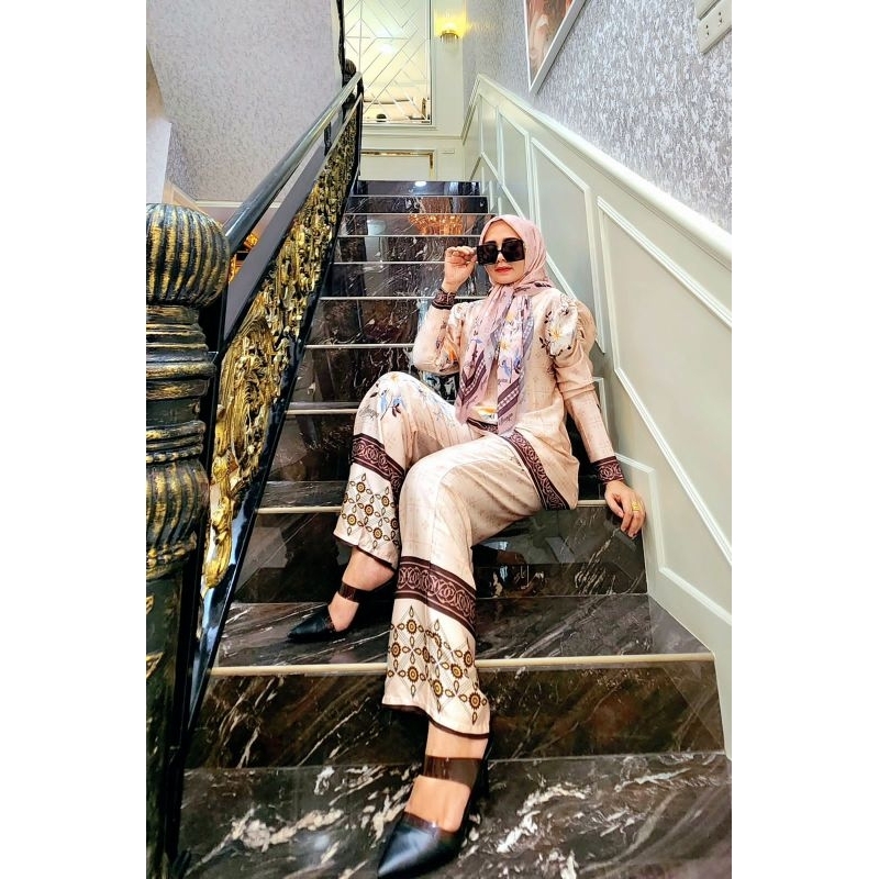 Gerbera Set Original by Almeyra Premium Set Setelan Atasan Lengan Panjang Celana Kulot Armani Silk