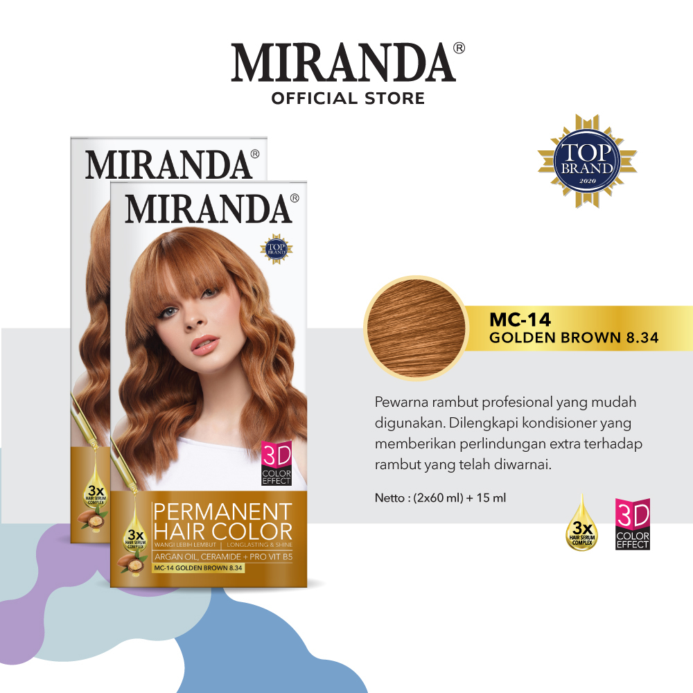 [60ml x2] Miranda Hair Color Premium MC14 Golden Brown (Cat Rambut Permanen) | Halal Semir Coklat