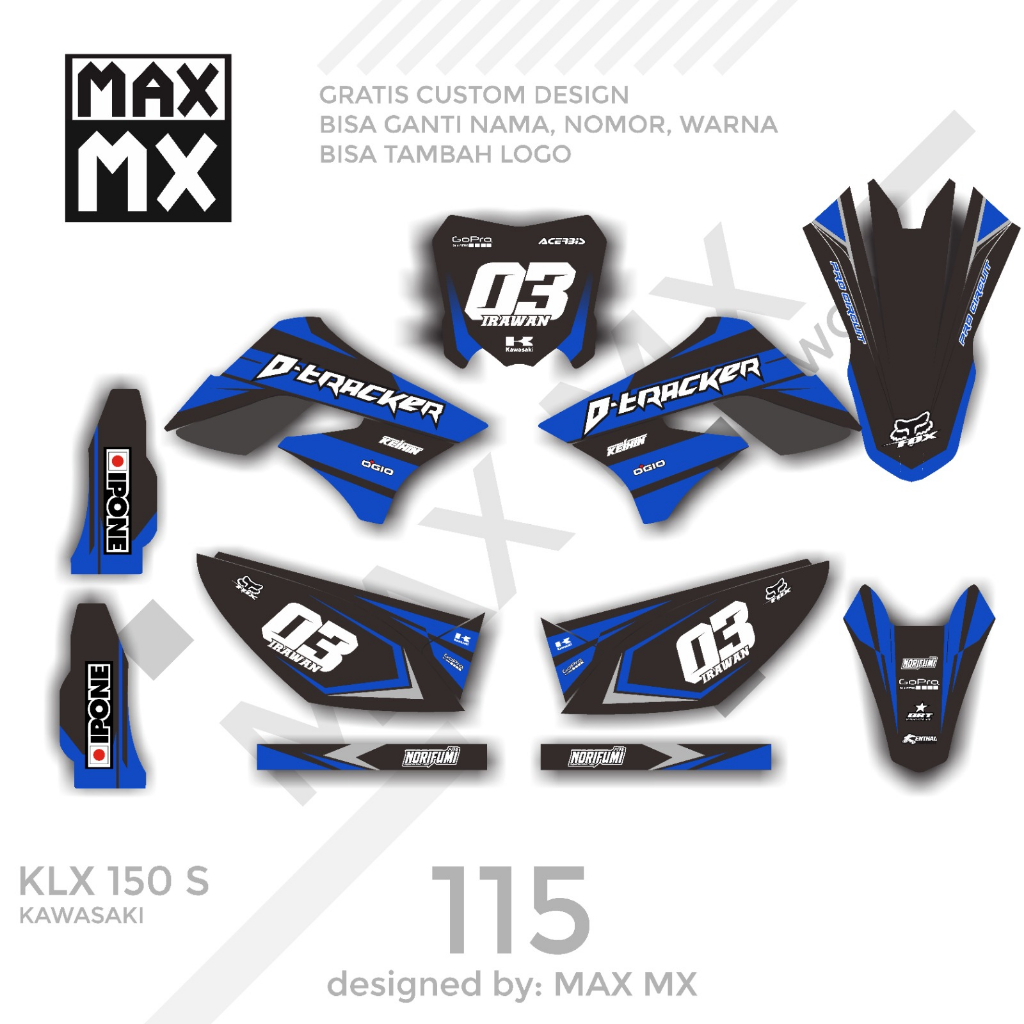 Stiker sticker decal motor klx 150 s Motif hitam list biru tua