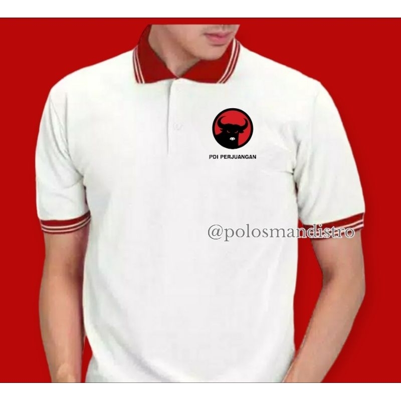 KAOS POLOTSHIRT PDI PERJUANGAN BAJU PARTAI PUTIH KERAH MERAH