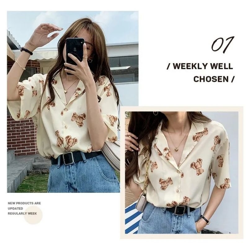 (FIFELS) Teddy Bear Shirt • Basic blouse atasan wanita import lengan pendek kasual korea motif polos