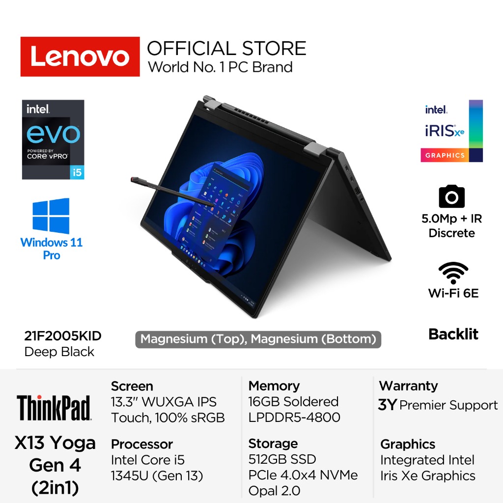 Lenovo 2in1 ThinkPad X13 Yoga Gen 4 5KID Intel Core I5 1345U vPro Win11 Pro 16GB 512GB SSD 13.3" WUXGA IPS Touch Antiglare Integrated Iris Xe Backlit Fingerprint IR Discrete Milspec Wi-Fi 6E Garansi Laptop Touchscreen Bisnis SMB 13inch 21F2005KID Black