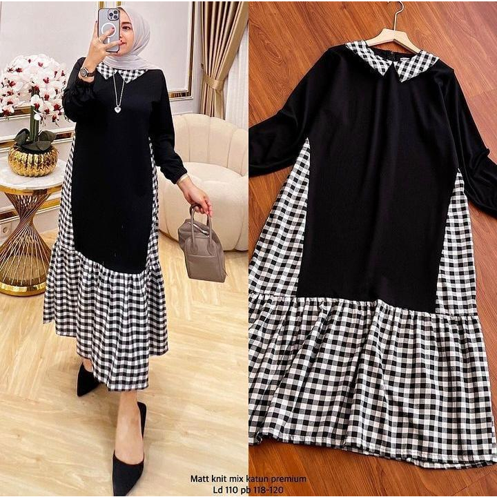 FUJJI DRESS KNIT kombinasi KATUN KOTAK / MIDI DRESS LENGAN PANJANG BAHAN KNIT&KATUN KOTAK