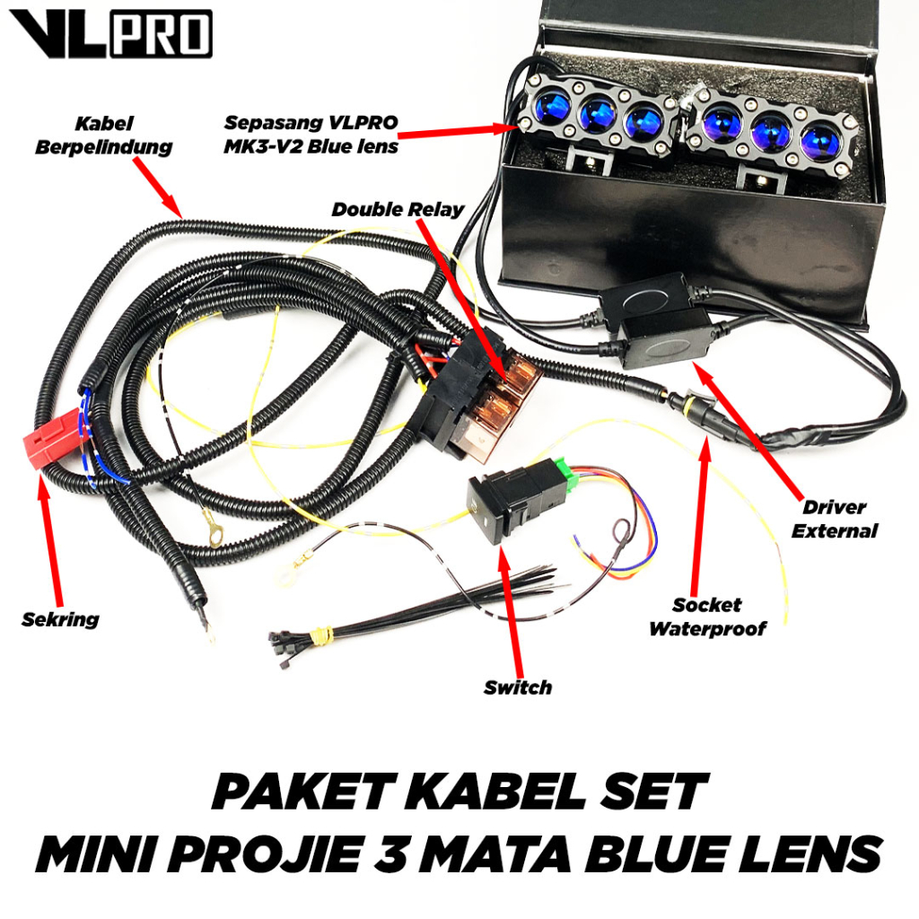 Paket Kabel Set Mini Projie 3 Mata Original VLPRO MK3 V2 Blue Lens Bi-LED SQL Laser Gun Projector Do
