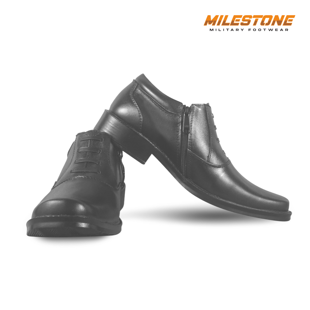 Sepatu Pria Tanpa Tali PDH MILESTONE Bahan Kulit Asli Untuk Petugas Polisi TNI PDH 02 Resleting