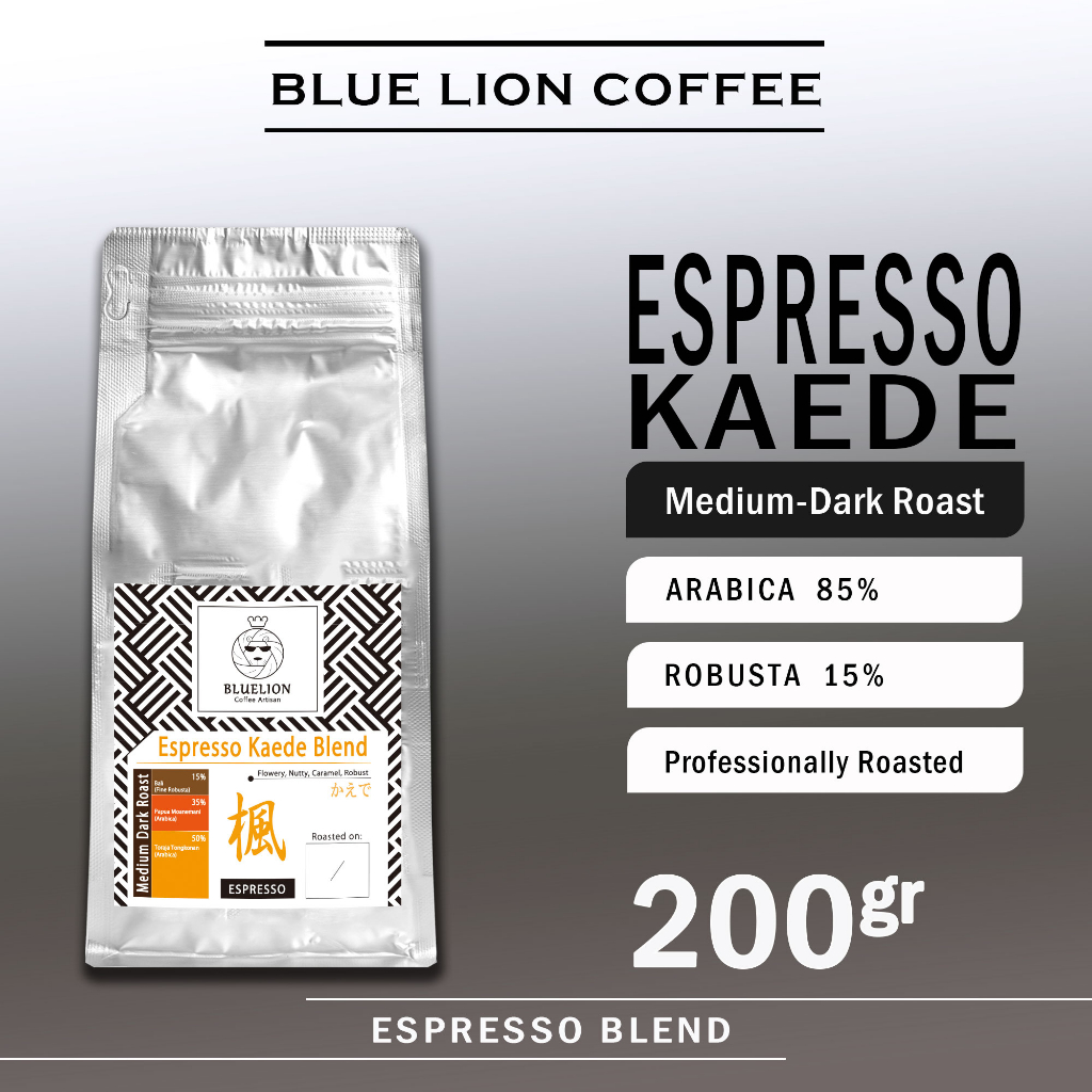 

Espresso Kaede Blend 200 gram Medium Dark Roast Biji Kopi Bubuk 15 Robusta 85 Arabica Blue Lion Coffee