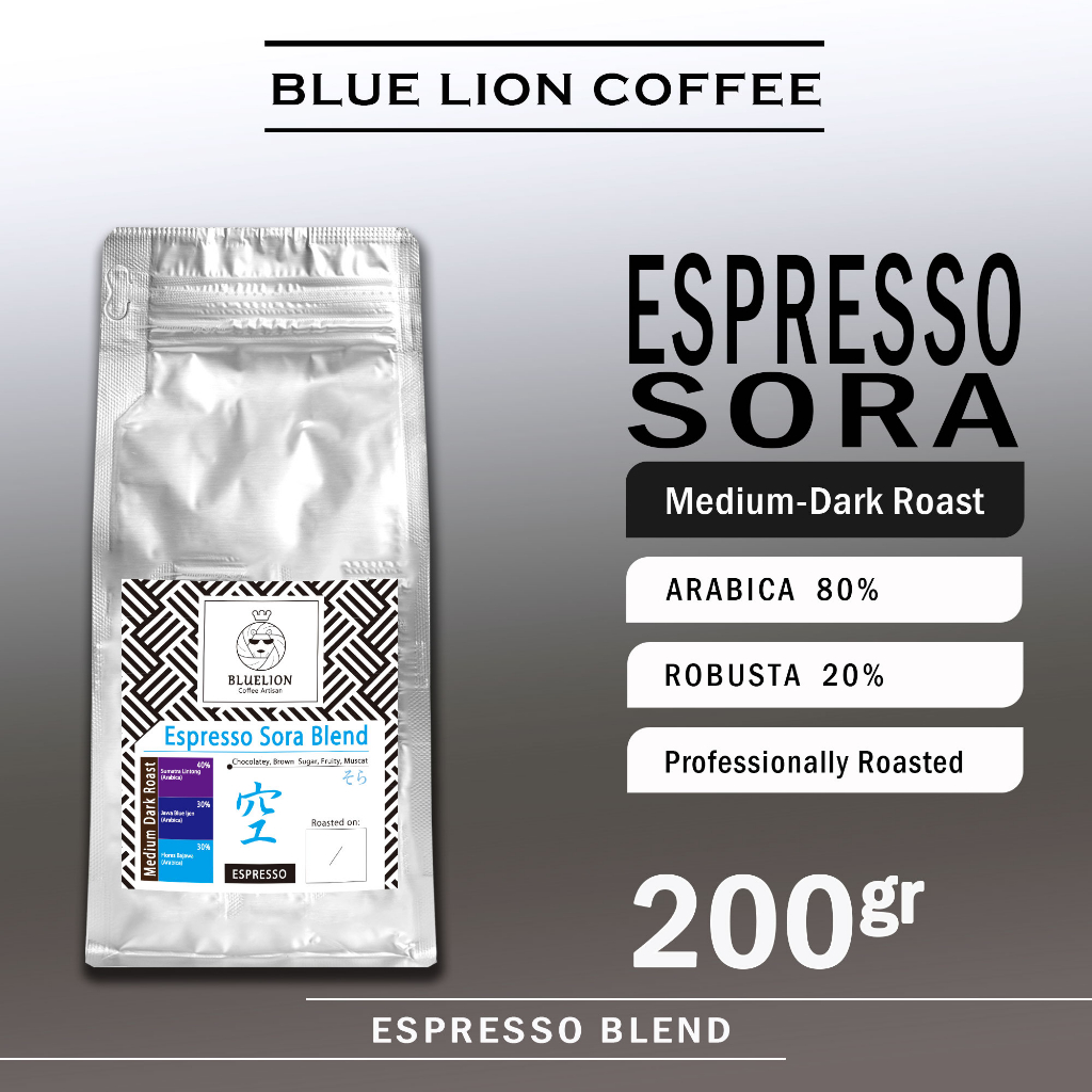 

Espresso Sora Blend 200 gram Medium Dark Roast Biji Kopi Bubuk 20 Robusta 80 Arabica Bluelion Coffee