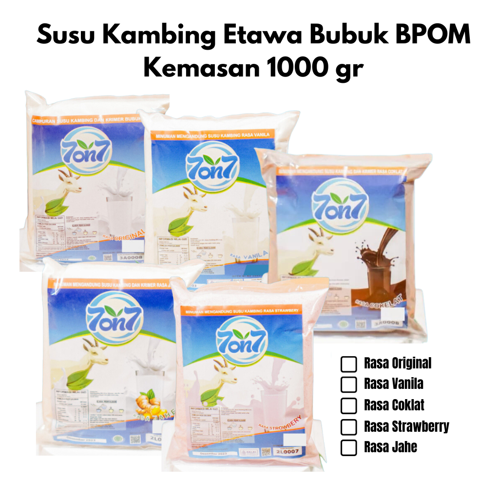 

Susu Kambing Etawa Bubuk FullCream 7on7 BPOM Halal 1 kg Rasa Original/Vanila/Cokelat/Strawberry/Jahe