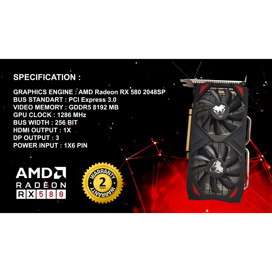VGA VENOM RX / INNOVATION RX 580 8GB DDR5 256 BIT DUAL FAN RX580 RADEON