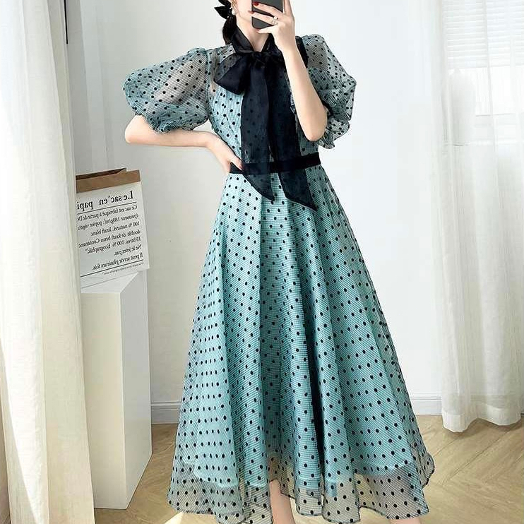 Busana Tile Dress Polkadot Korea Style Lengan Balon