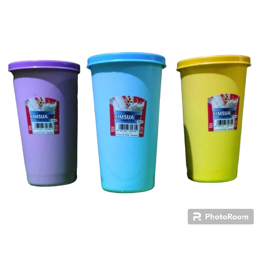 Gelas KIMSUA Dengan Tutup Gelas Minum Tutup Rapat Karet Plastik - DT 475 ML