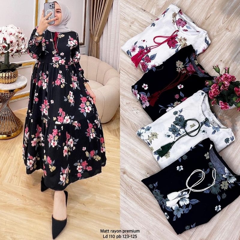 ROSE MIDI DRESS PREMIUM DRESS RAYON TERBARU MIDI DRESS SUSUN MOTIF TERLARIS