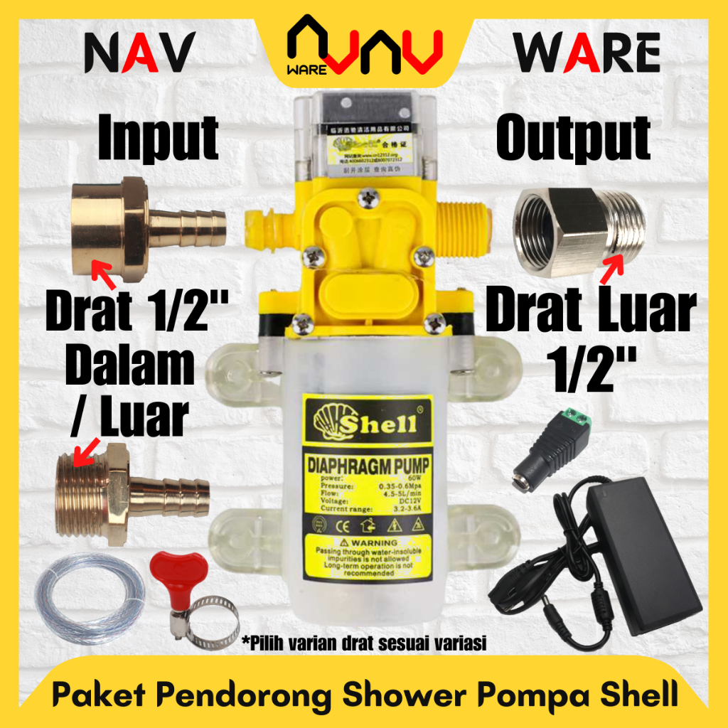 Paket Booster Pendorong Shower Water Heater Pompa Shell Original DC 12V Drat Dalam 1/2" Inci Luar 1/