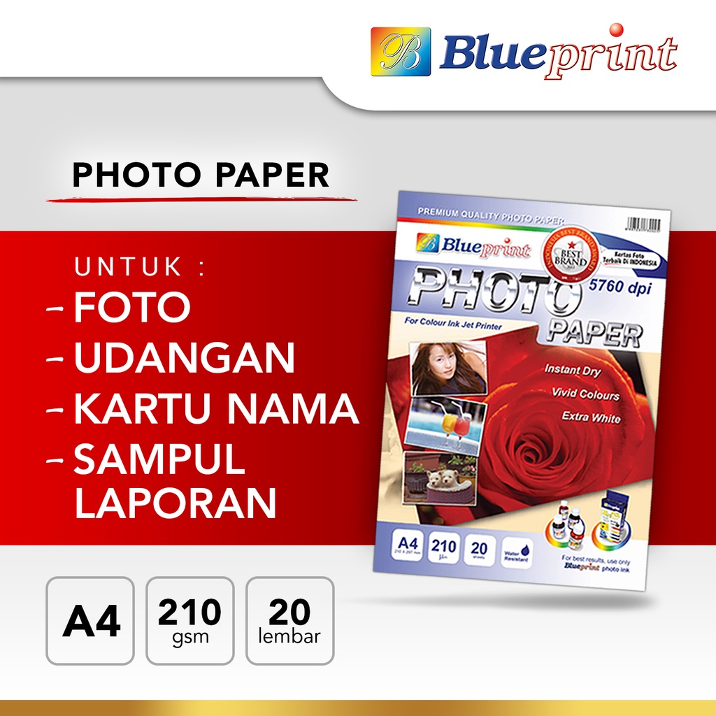

Kertas Foto A4 BLUEPRINT Glossy Photo Paper 210 Micron A4 - 20 Lembar