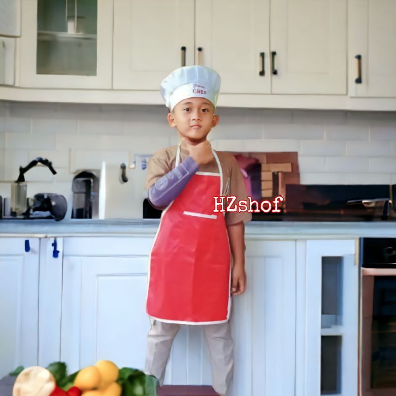"SET" CELEMEK ANAK APRON CHEF ||TOPI KOKI CHEF ANAK COSTUM NAMA|| TOPI ANAK BORDIR JUNIOR CHEF
