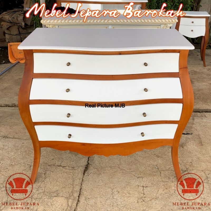 Meja Nakas Klasik Duco Putih Kayu Jati Lemari Drawer 4 Laci Minimalis dan Serbaguna