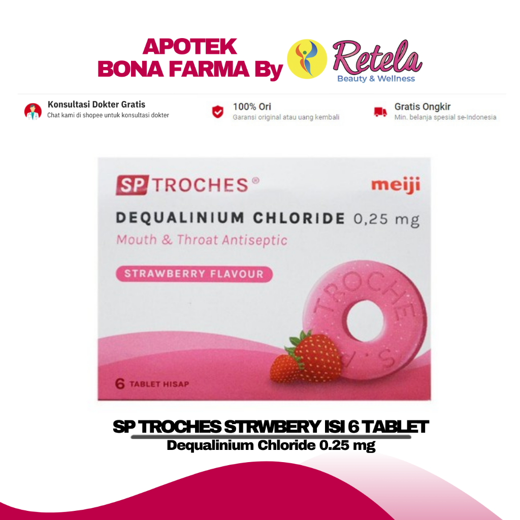 

SP TROCHES STRWBERY ISI 6 TABLET ( Dequalinium Chloride 0.25 mg )