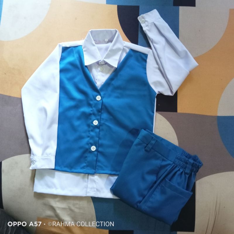 Seragam sekolah TK putih biru Benhur rompi nyatu