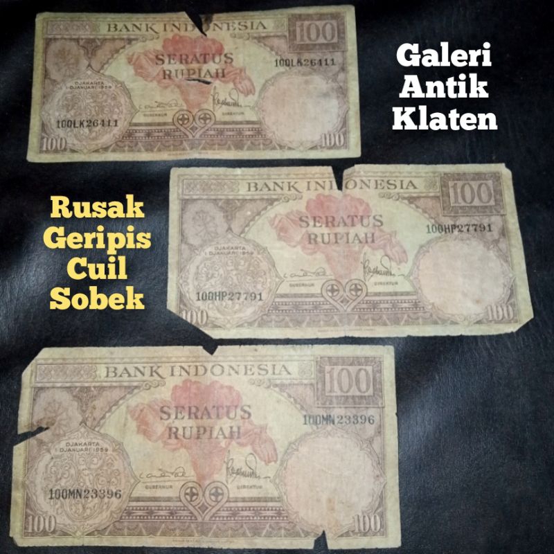 Asli Rusak 100 Rupiah Tahun 1959 Seri Bunga Uang Kertas Kuno Duit Lama Indonesia Original Burung Rp