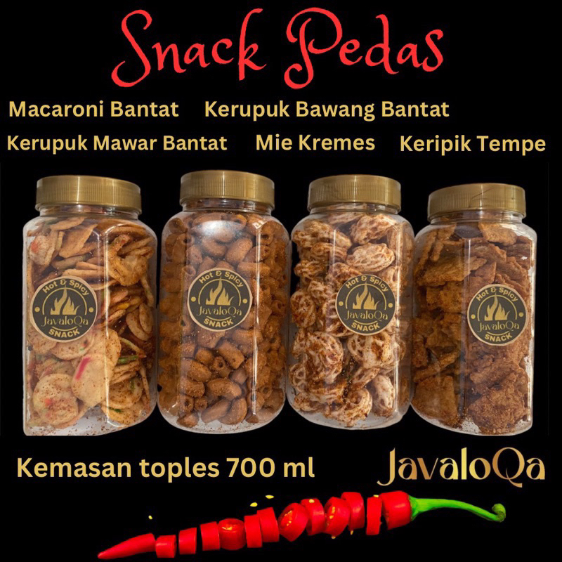 

JAVALOQA SNACK PEDAS, KEMASAN TOPLES 700 ML ANEKA CAMILAN CABE, BASRENG