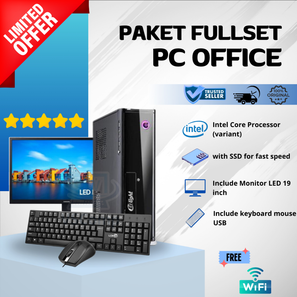 PC Rakitan Fullset Office Slim - Core i5 8GB SSD 240GB + Monitor 19 inch + Keymouse | Siap pakai tin