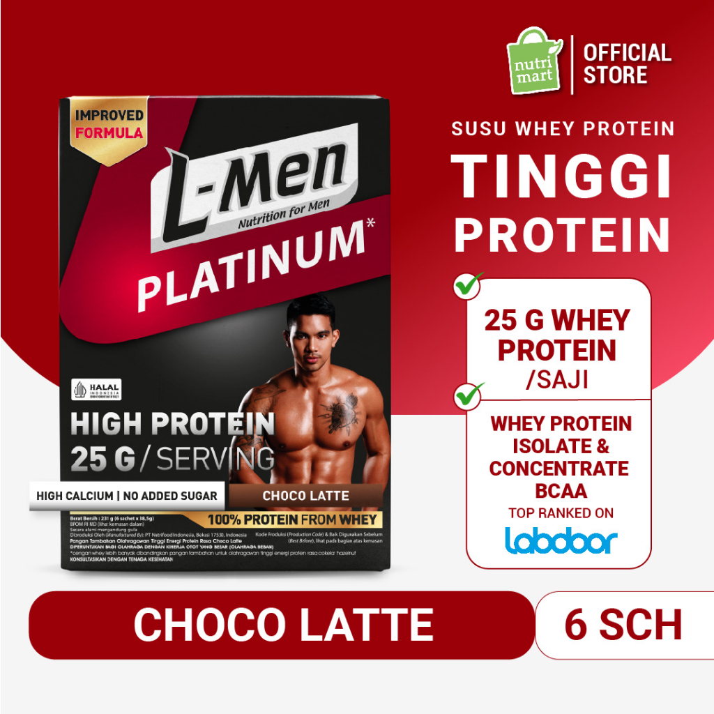 L-Men Platinum Choco Latte Box isi 6 Sch (25g protein/serving) - Suplemen Tinggi Whey Protein Rendah