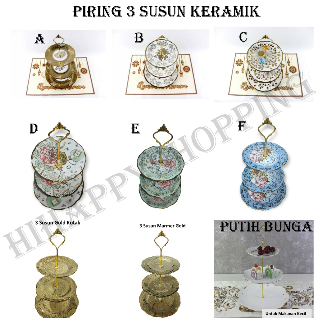 Keramik Piring Susun 3 untuk tempat buah/ kue / permen / PIRING KERAMIK MOTIF Bunga / Polos